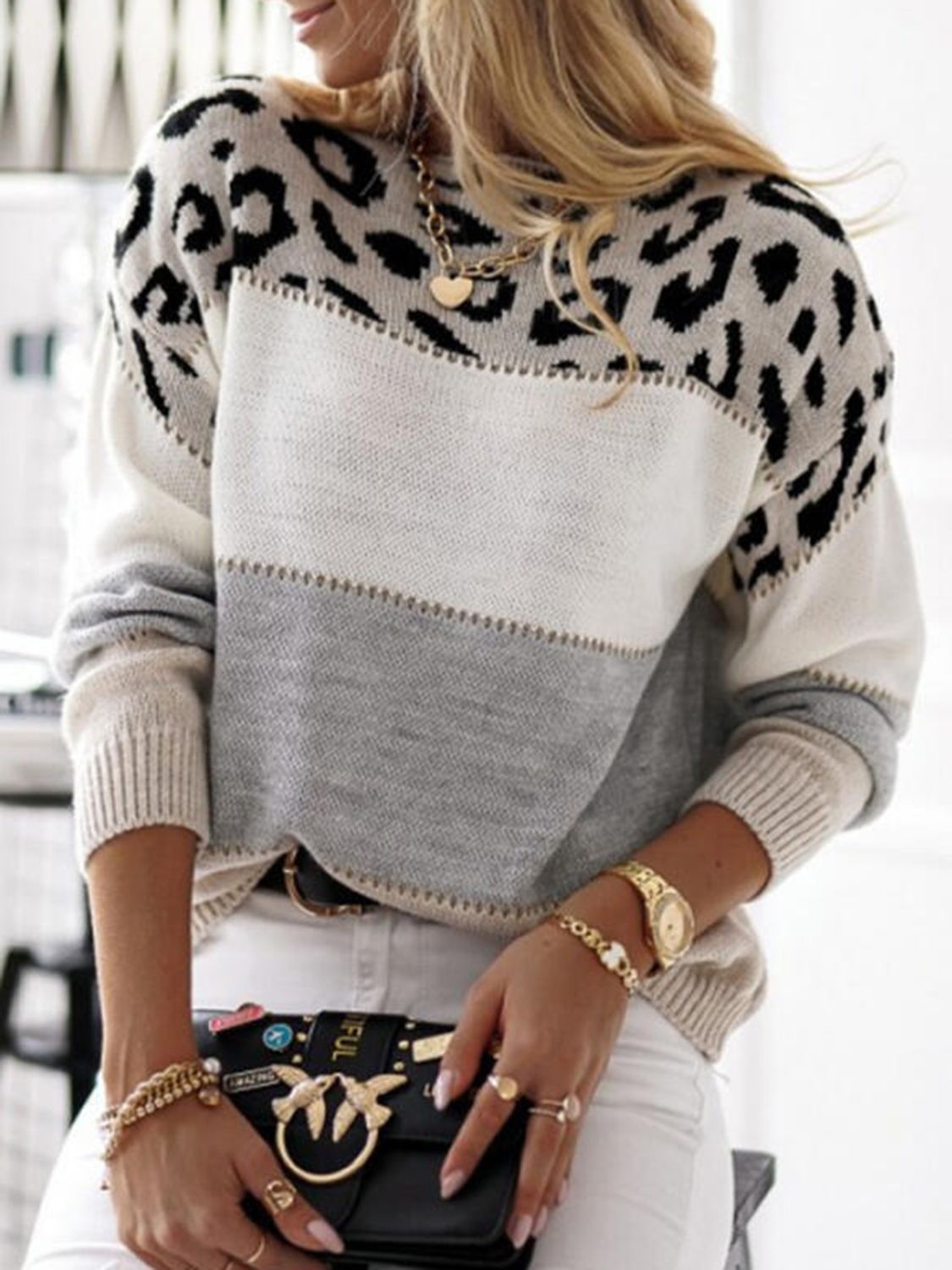 Leopard Color Block Round Neck Long Sleeve Sweater