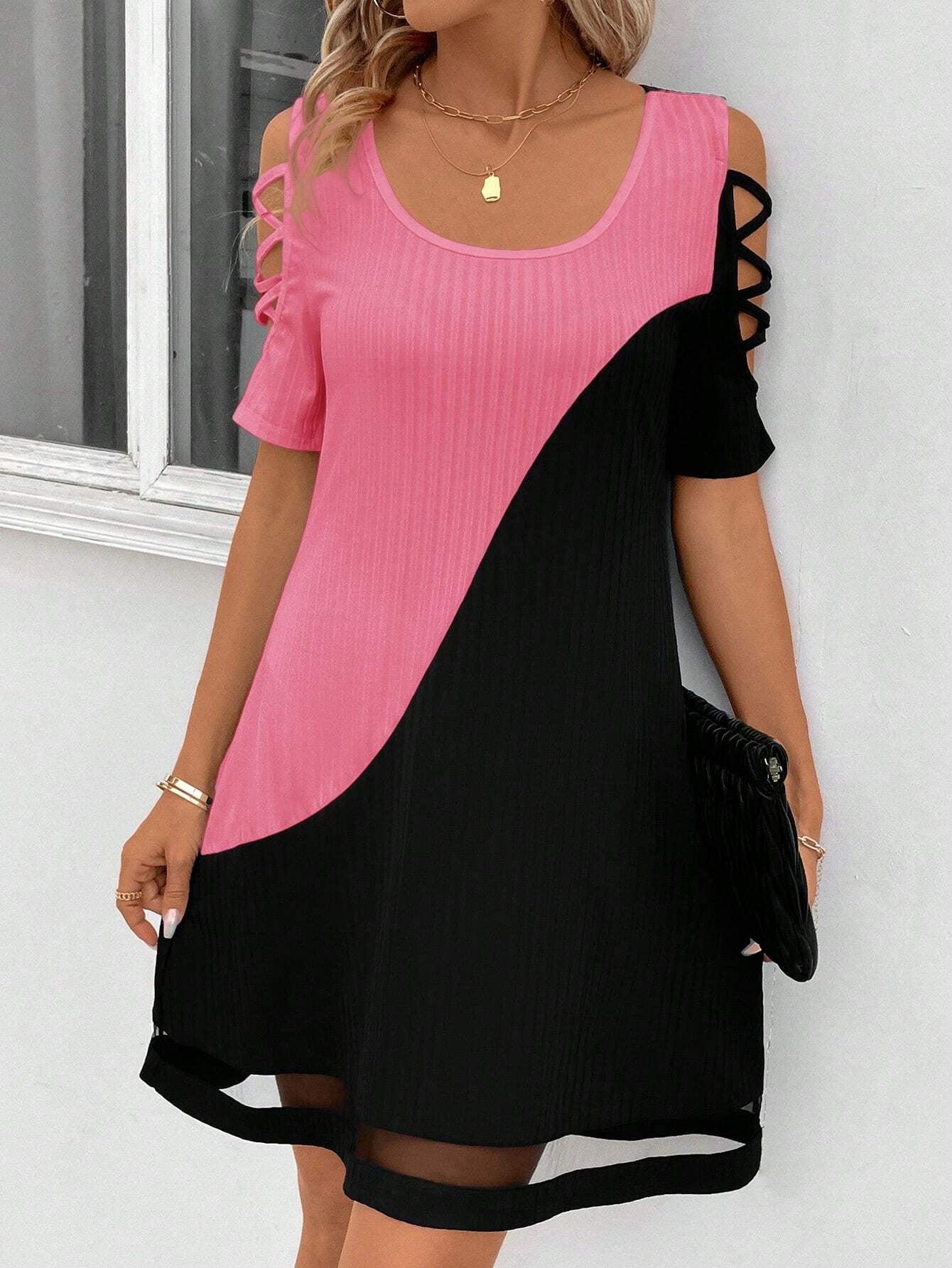 Women's Color Matching Hollow Out Mesh Midi Dress