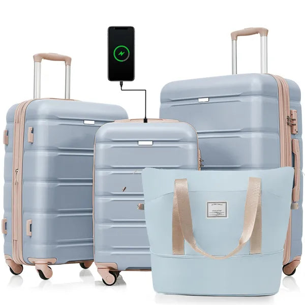 4-piece Luggage Set, 20 Inches With USB Port, Expandable ABS Durable Suitcase With Travel Bag, Cup Holder, ABS Hard Shell Luggage With Rotating Wheels- FREE USA SHIPPING