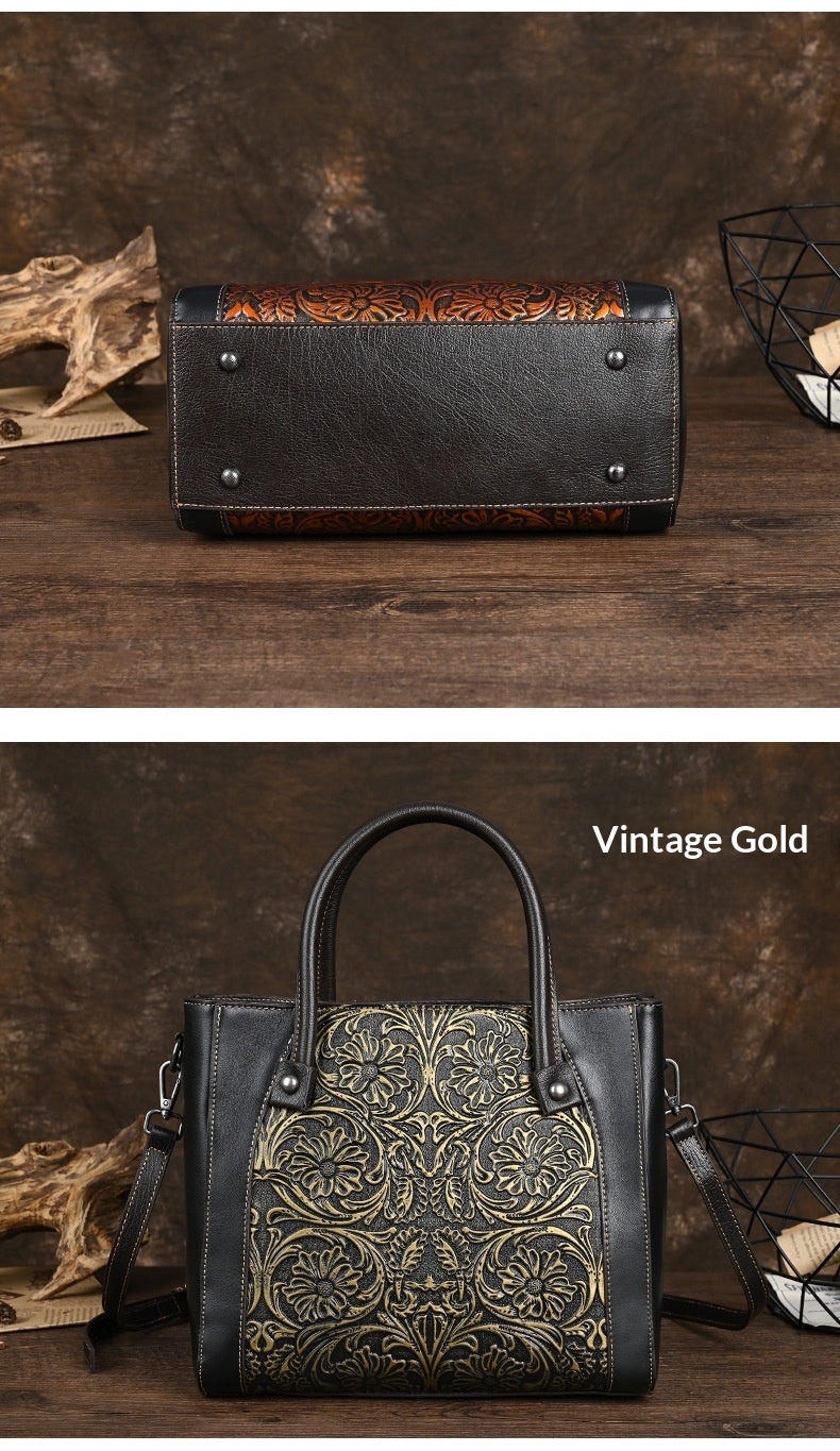 Single-shoulder Slanted-top Full-grain Leather Tote Bag With Leather Carving