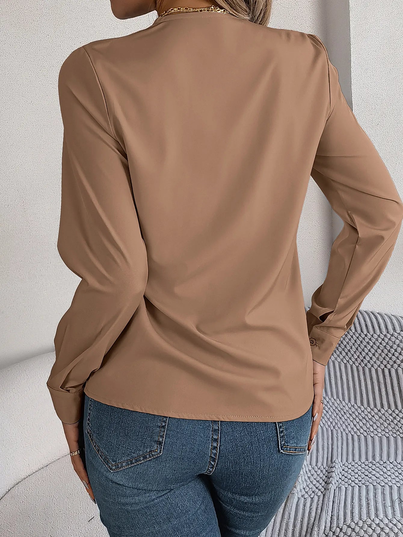 Fashion V-Neck Long Sleeve Shirt Elegant Commuter Solid Blouse Office Women's Clothing