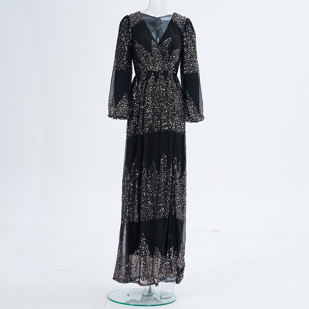 Long Sleeve V-neck Sexy Long Sequined Evening Dress