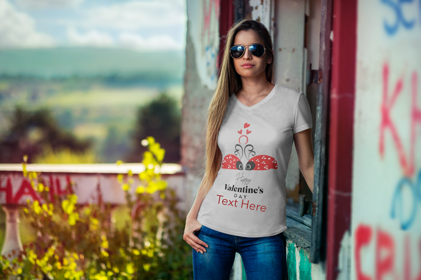 Ladies' V-Neck T-Shirt - Personalize With Valentine Themes