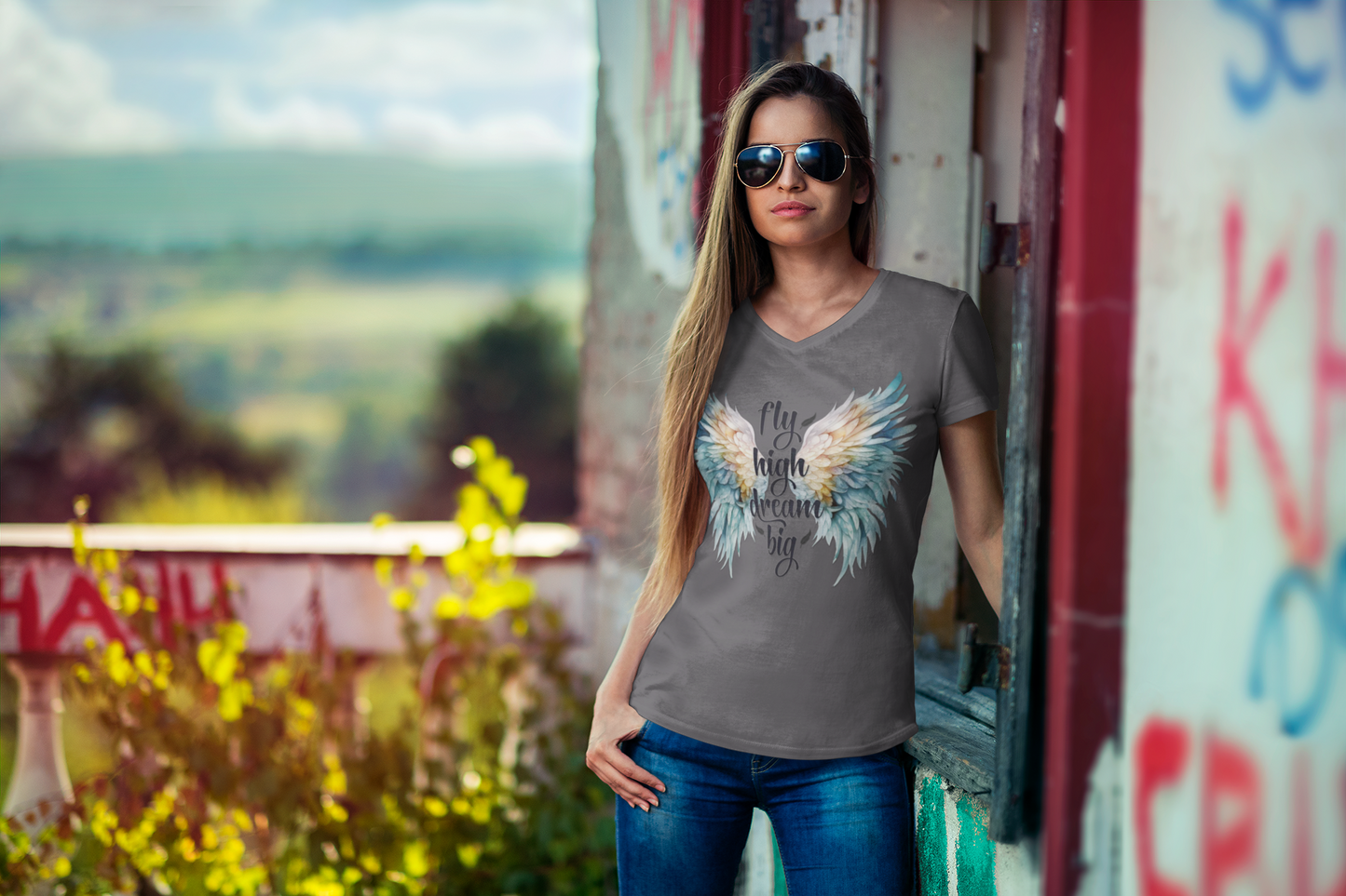 Ladies' V-Neck T-Shirt - Personalize With Positive Quotes