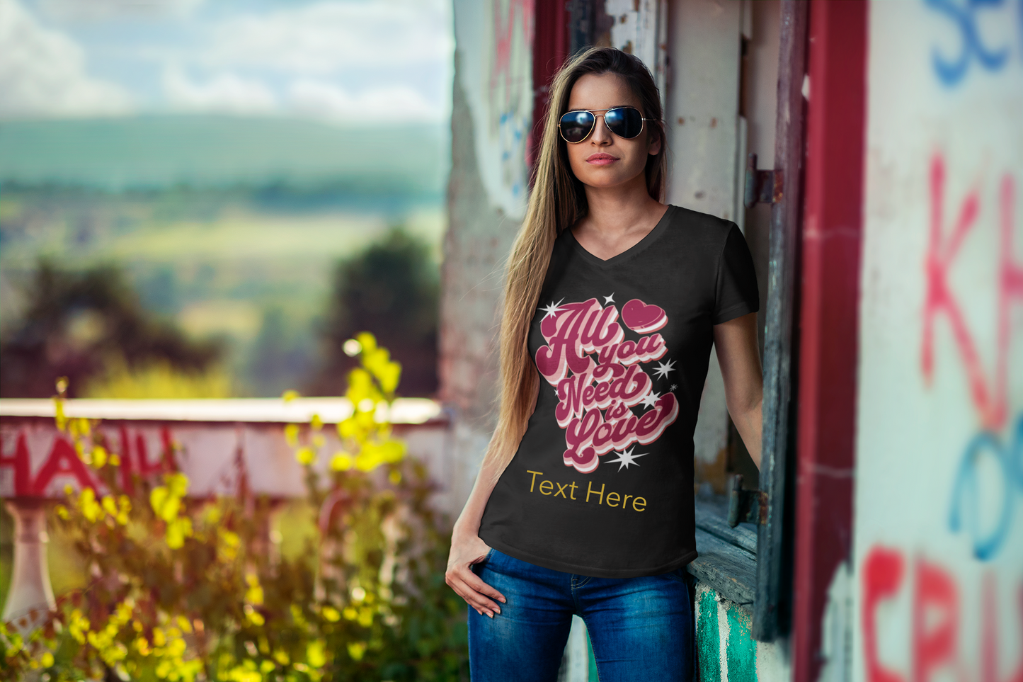 Ladies' V-Neck T-Shirt - Personalize With Valentine Themes