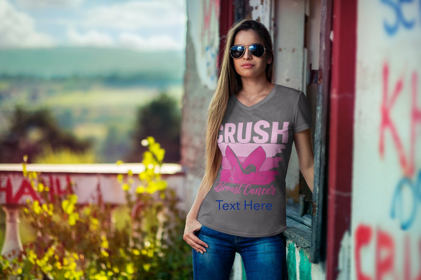 Ladies' V-Neck T-Shirt - Personalize With Breast Cancer Awareness Quotes