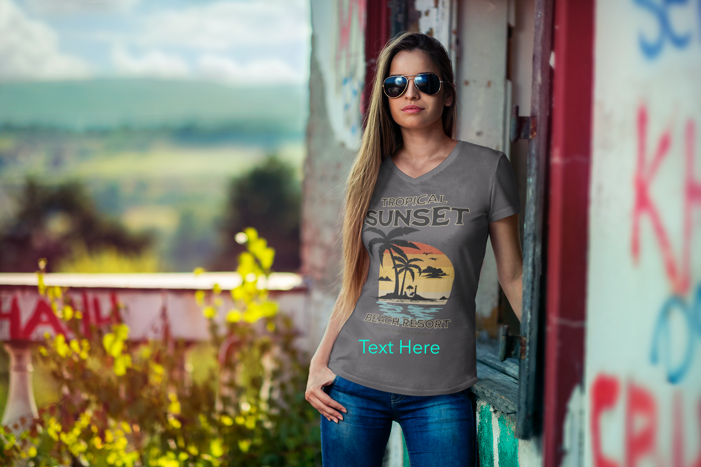 Ladies' V-Neck T-Shirt - Personalize With Beach Themes