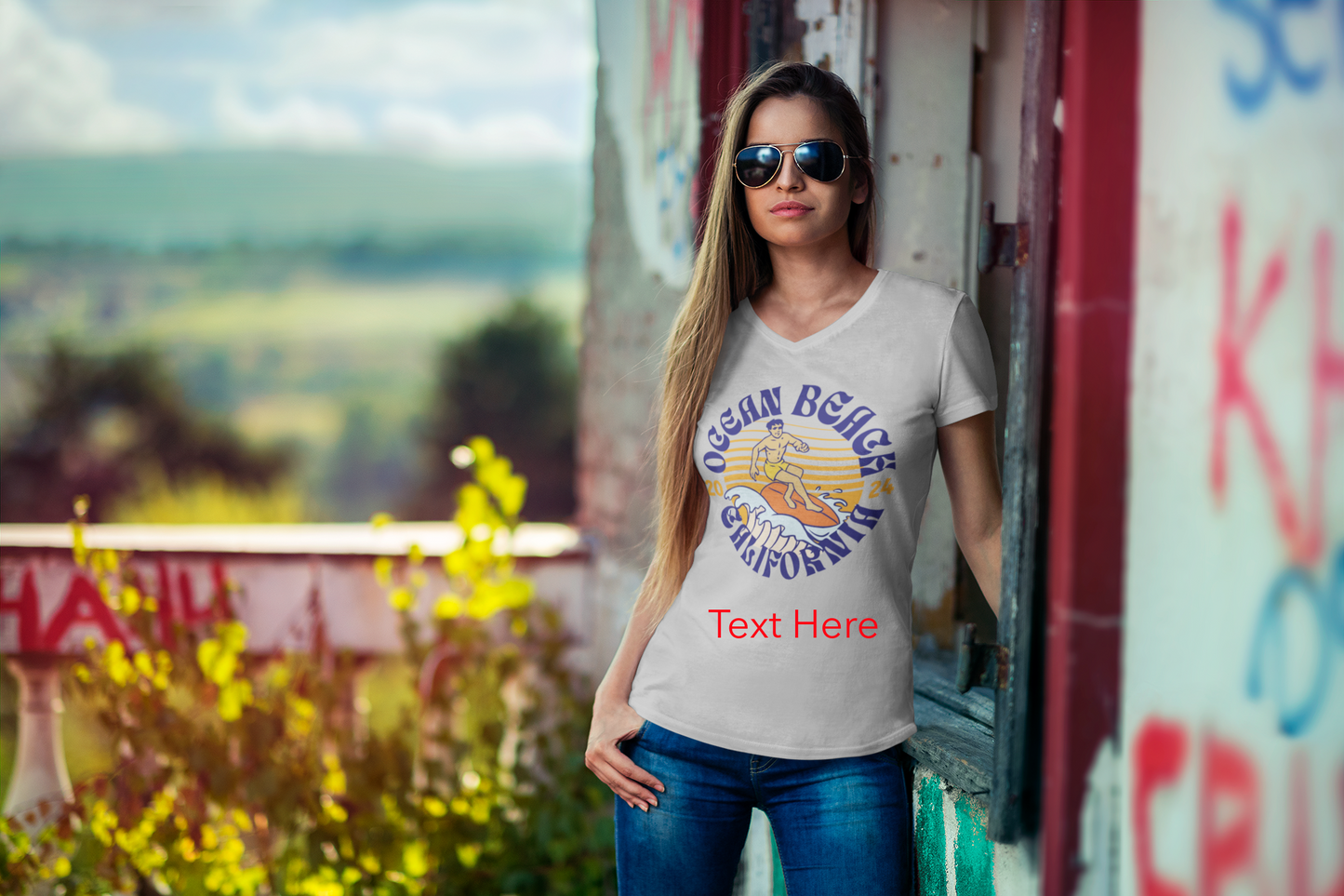 Ladies' V-Neck T-Shirt - Personalize With Beach Themes