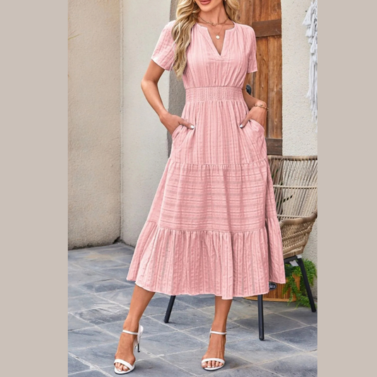 Tiered Notched Short Sleeve Dress