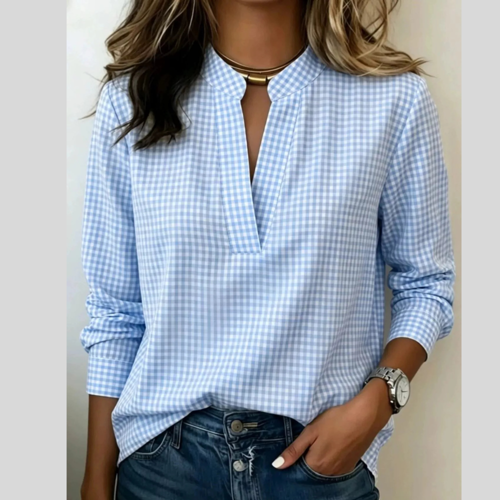Full Size Plaid Notched Long Sleeve Blouse Plus Size