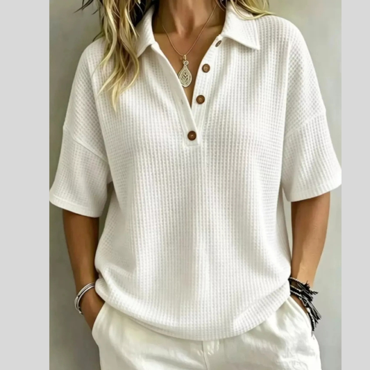 Full Size Waffle Knit Polo Top with Button Detail Plus Size