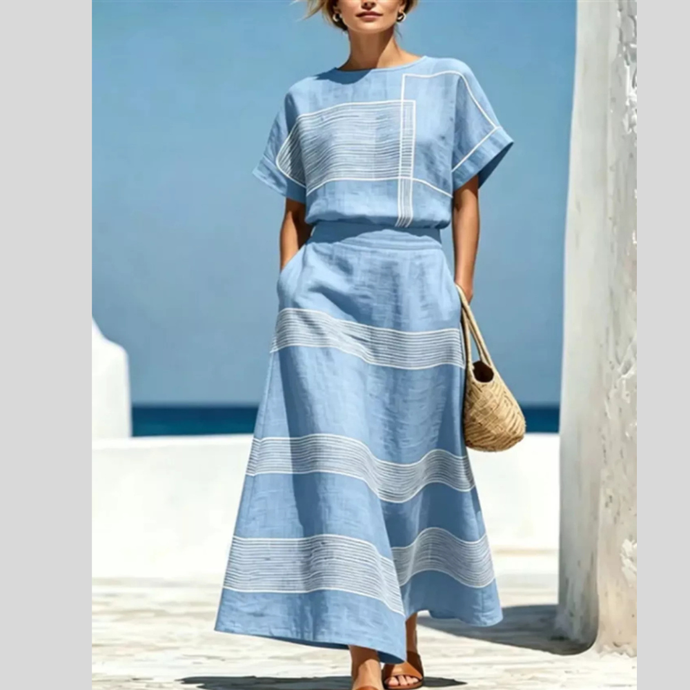 Full Size Striped Round Neck Top and Skirt Set Plus Size