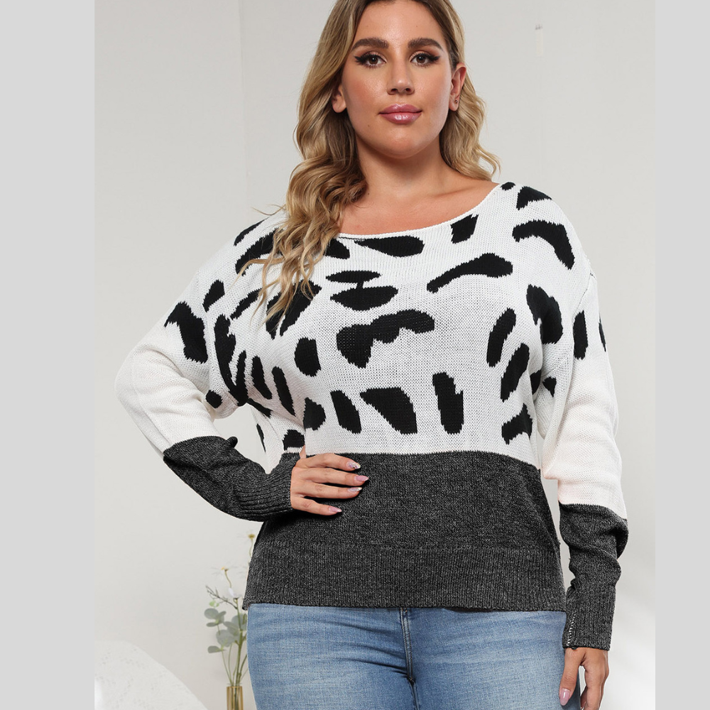 Plus Size Leopard Round Neck Long Sleeve Sweater