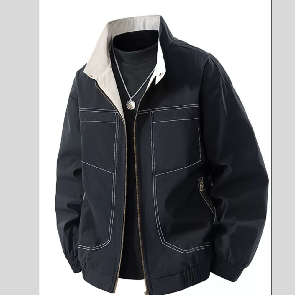 Men's Plus Size Zip Up Contrast Collar Casual Jacket