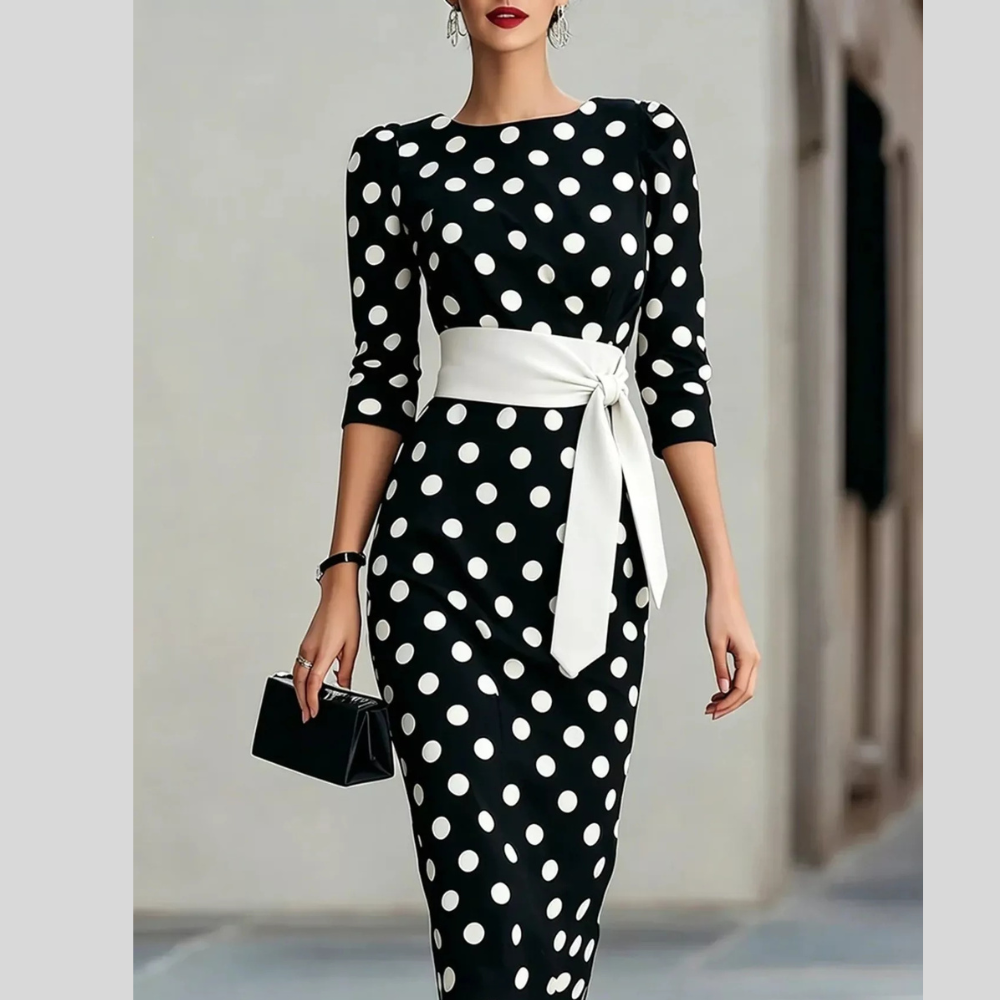 Full Size Polka Dot 3/4 Sleeve Dress Plus Size