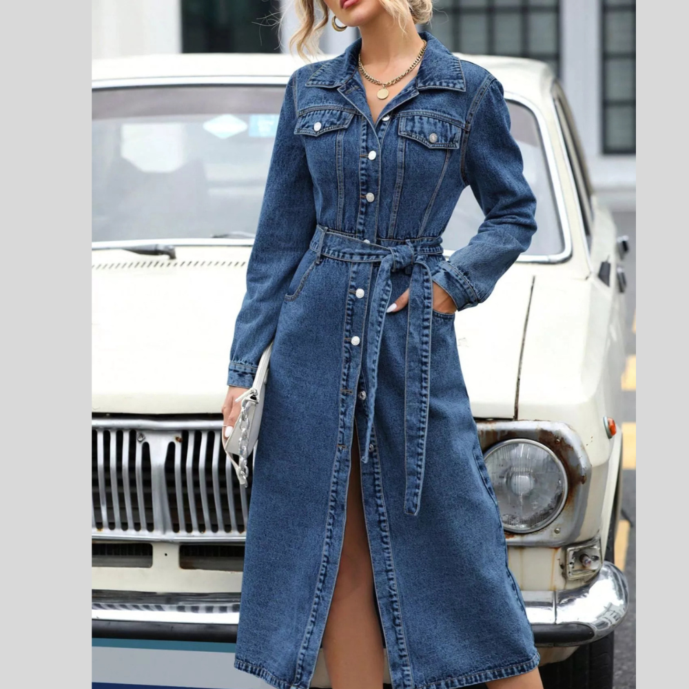 Belted Long Sleeve Denim Dress