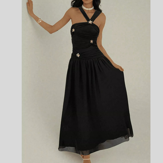 Ruched Sleeveless Maxi Dress with Embellishments