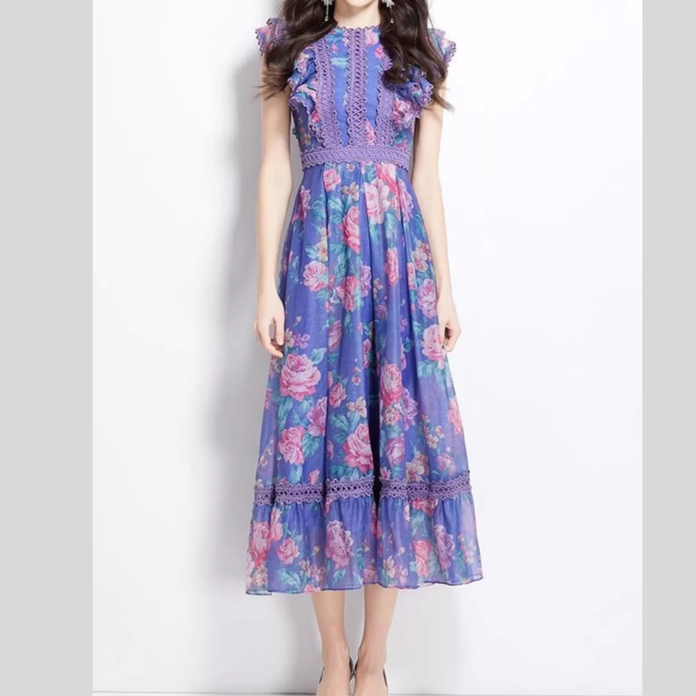 Floral Print Casual Ruffle Sleeve Midi Dress