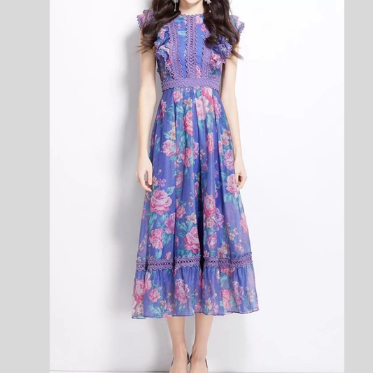 Floral Print Casual Ruffle Sleeve Midi Dress