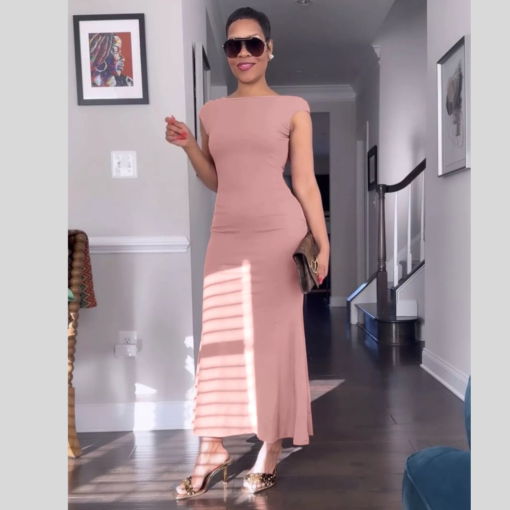 Backless Cap Sleeve Maxi Dress
