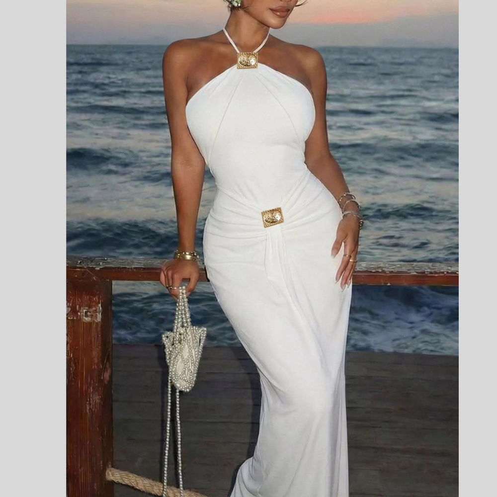 Backless Ruched Halter Neck Maxi Dress