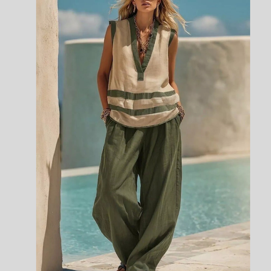 Striped Sleeveless Top and Wide-Leg Pants Set