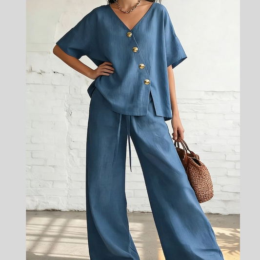 Full Size Surplice Half Sleeve Top and Wide-Leg Pants Set Plus Size