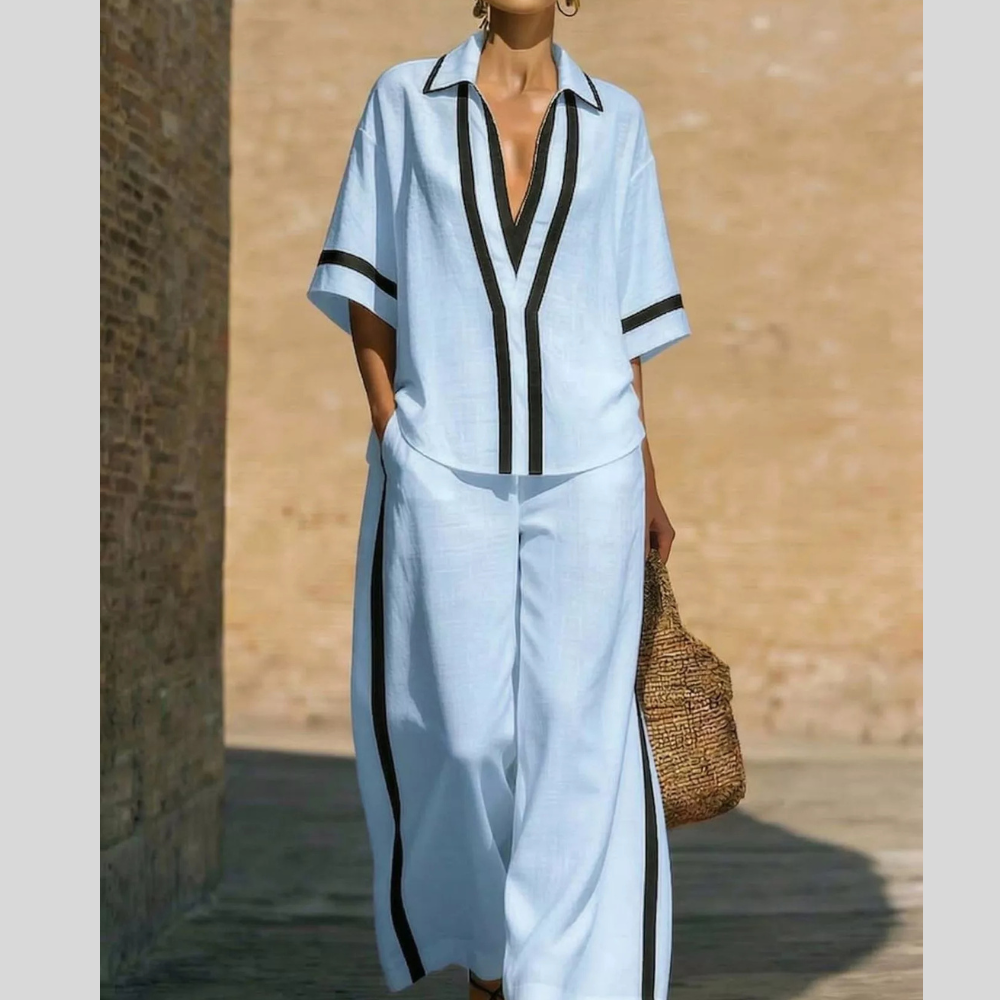 Full Size Contrast Trim Top and Pants Set Plus Size