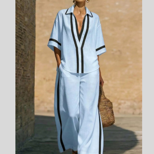 Full Size Contrast Trim Top and Pants Set Plus Size