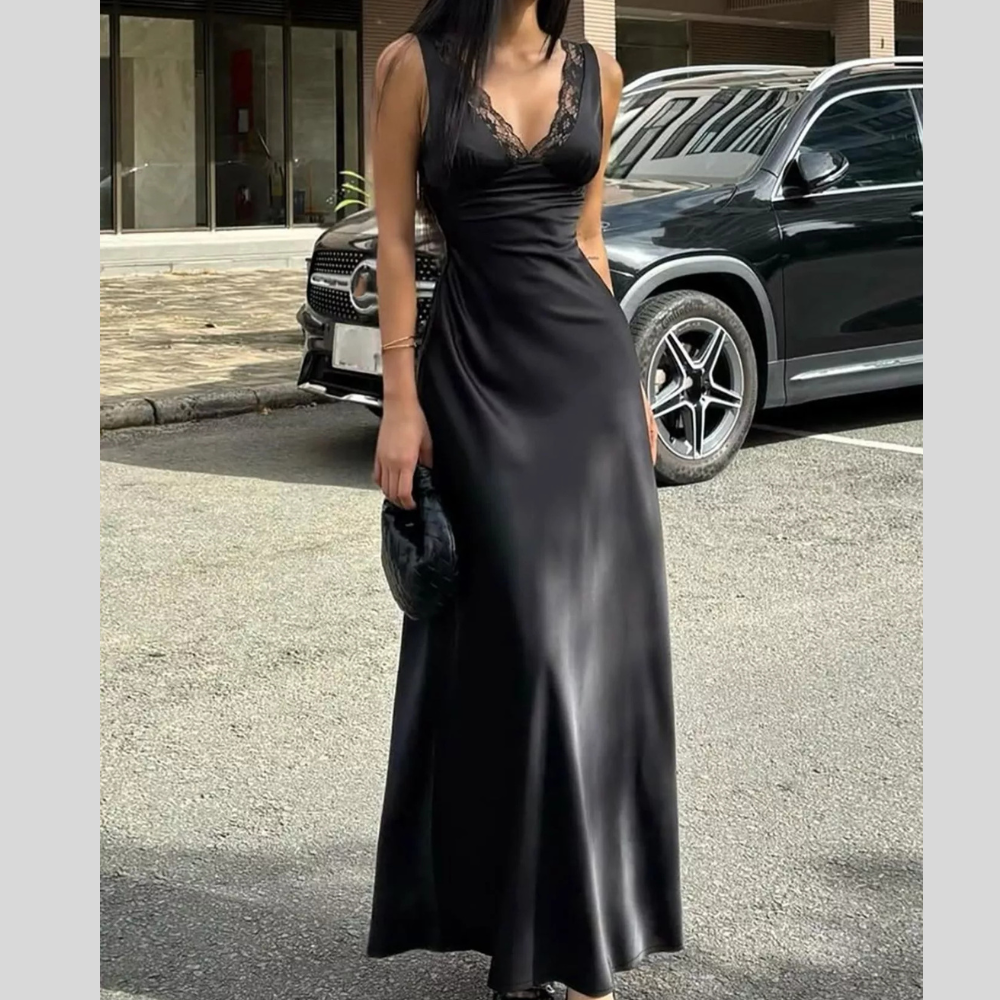 Lace Trim V-Neck Sleeveless Maxi Dress