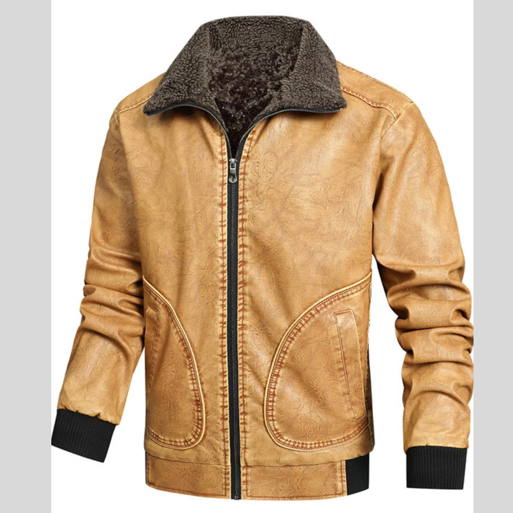 Men's Full Size Faux Leather Sherpa Collar Jacket Plus Size