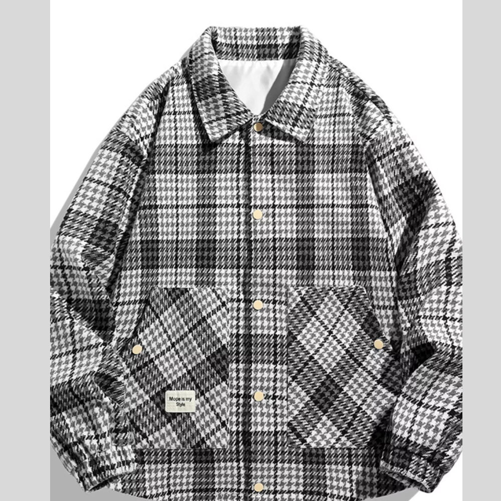 Men's Plus Size Houndstooth Pattern Button-Up Jacket