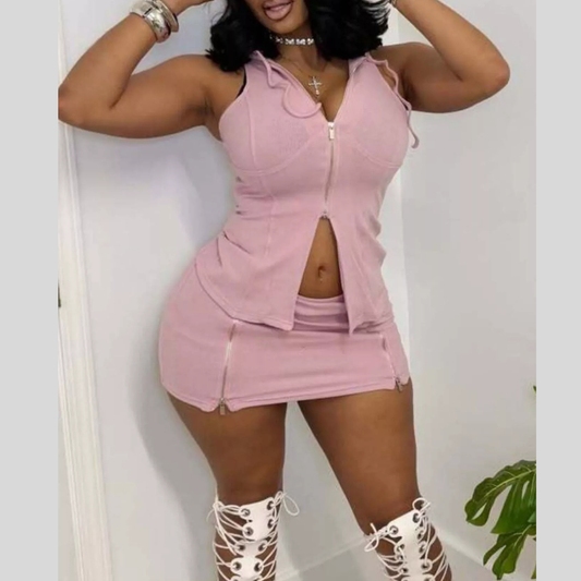 Hooded Zippered Sleeveless Top and Skirt Set