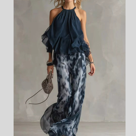 Halter Neck Top and Tie-Dye Wide-Leg Pants Set