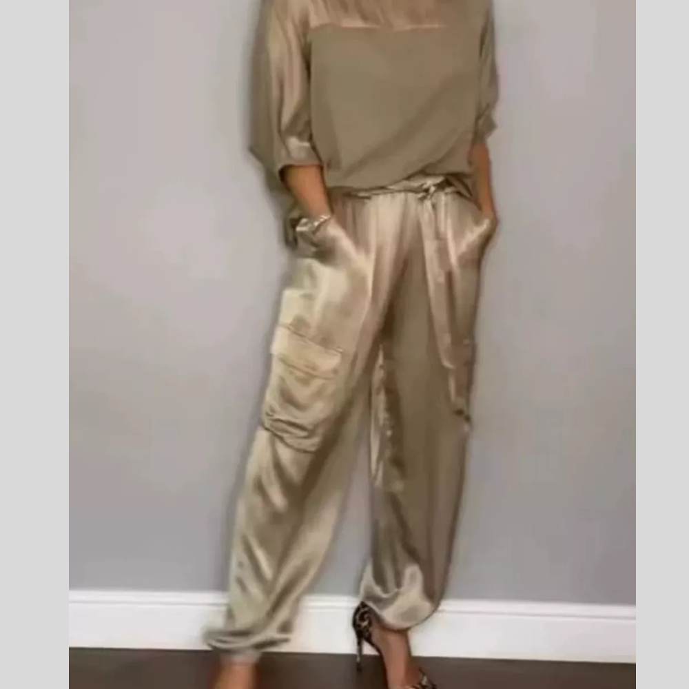 Satin Round Neck Top and Pants Set