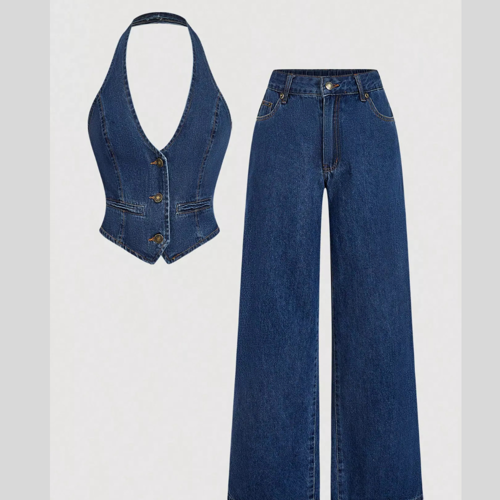 Halter Neck Denim Vest and Wide-Leg Jeans Set