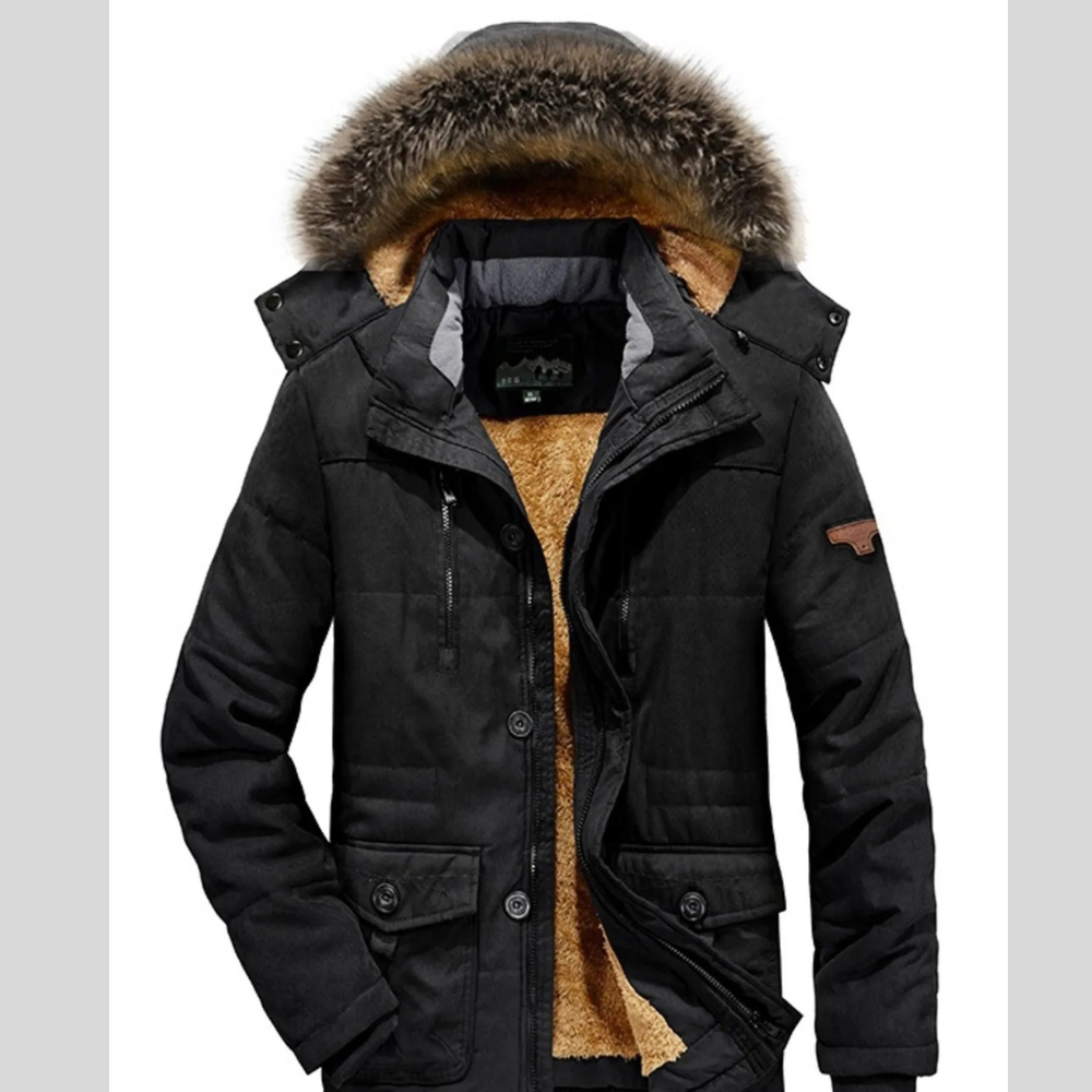 Men's Plus Size Zip Up Long Sleeve Puffer Coat with Faux Fur Hood