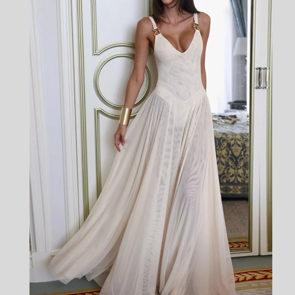 Sleeveless Sheer Maxi Dress with Gold Hardware Detail