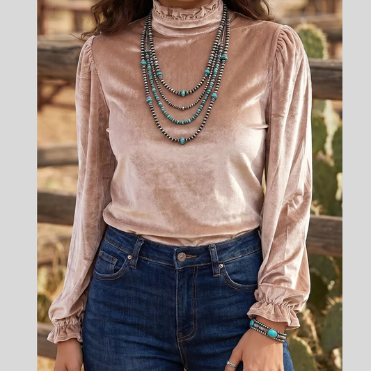 Western Style Long Sleeve Stand Neck Velvet Top