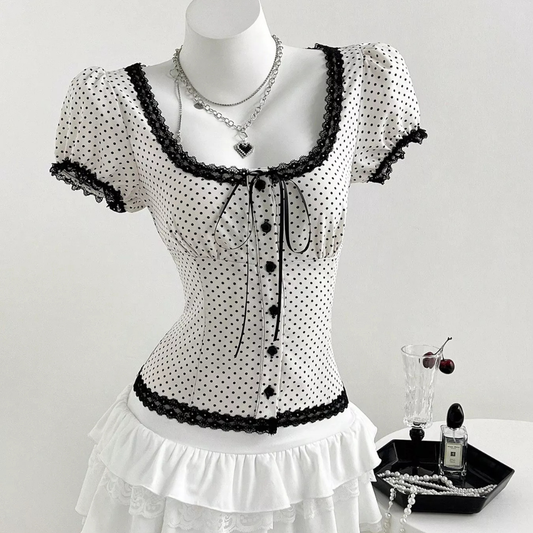 Polka Dot Lace Trim Puff Sleeve Top