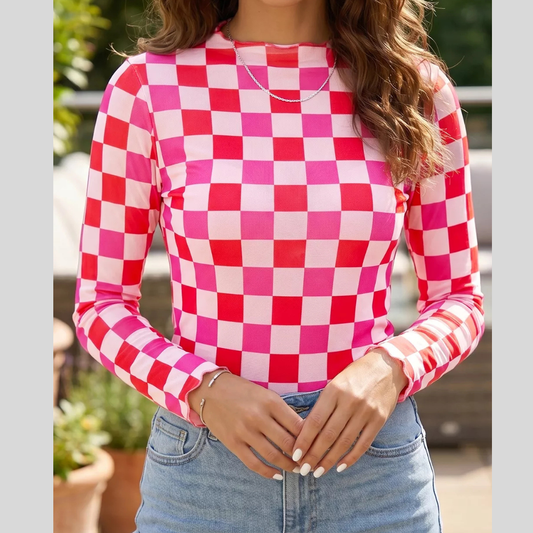 Plaid Heart Mesh Sheer Long Sleeve High Neck Top