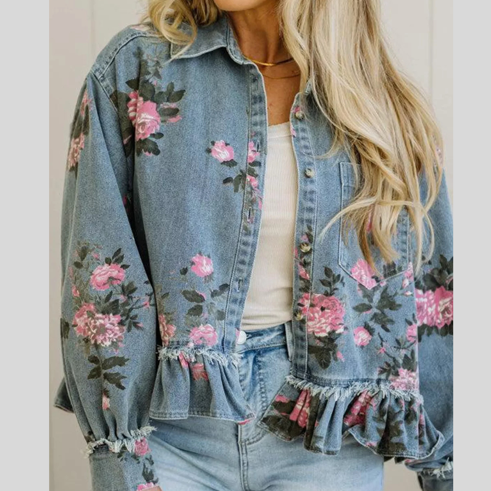 Floral Print Denim Jacket with Ruffled Hem
