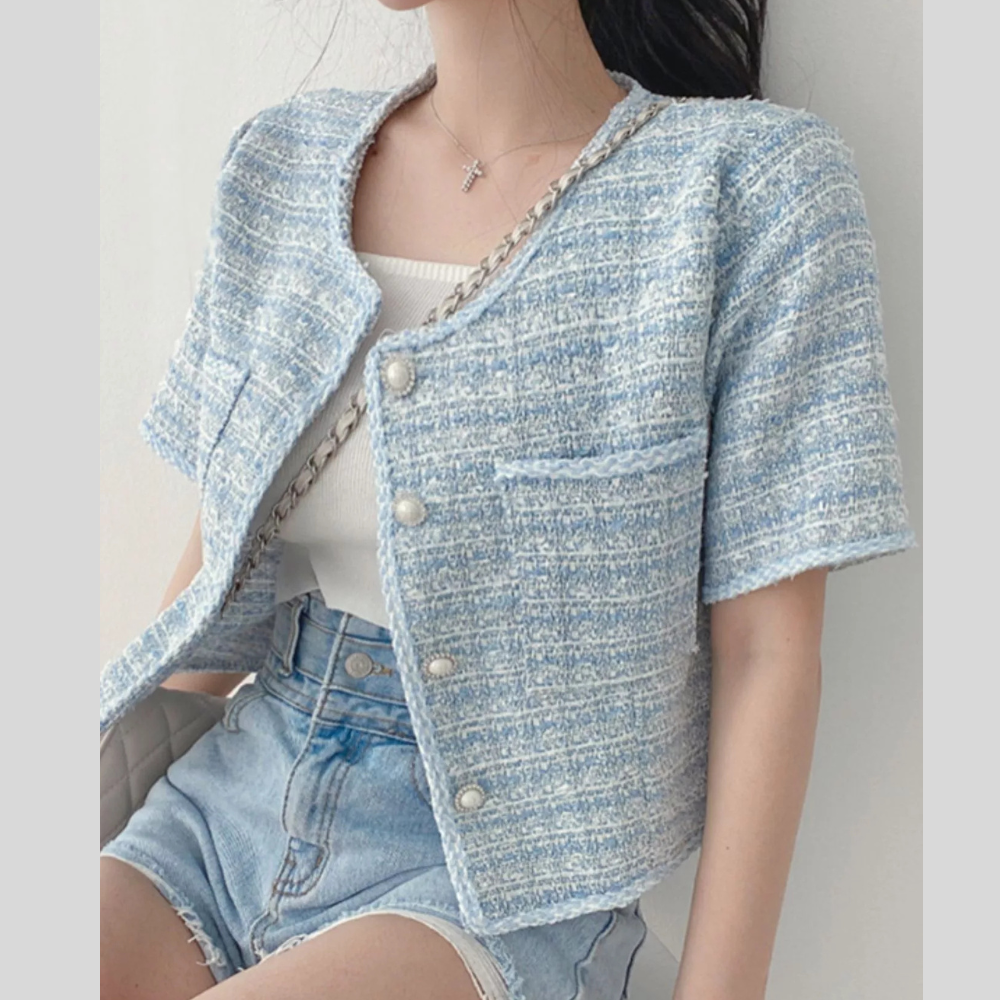 Pearl Button Short Sleeve Tweed Outerwear