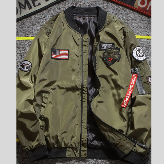 Men's Plus Size Military-Inspired Patched Bomber Jacket