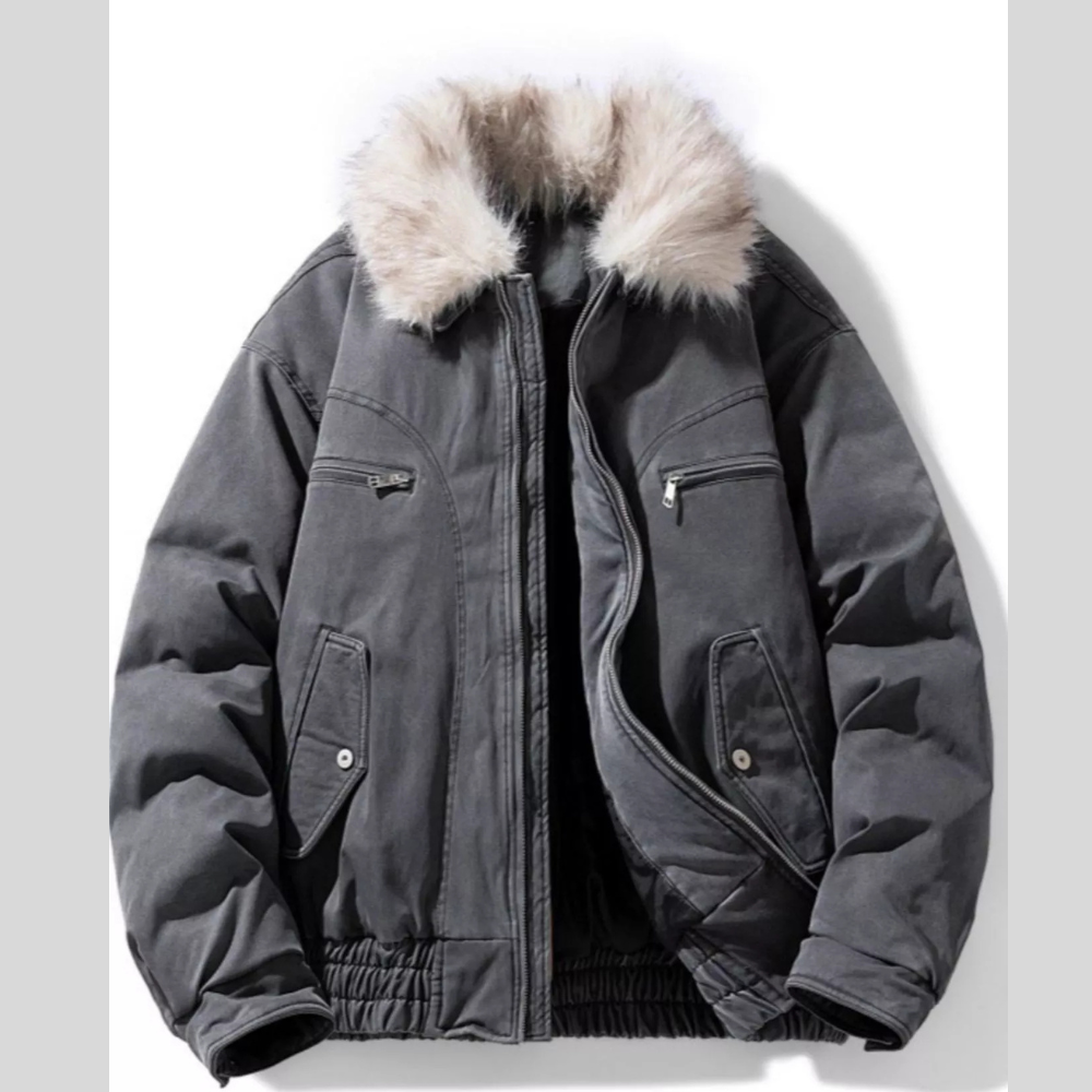 Men's Full Size Fur Collar Zip Up Bomber Jacket Plus Size