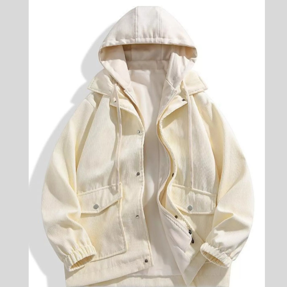 Men's Plus Size Casual Corduroy Snap Down Hooded Jacket
