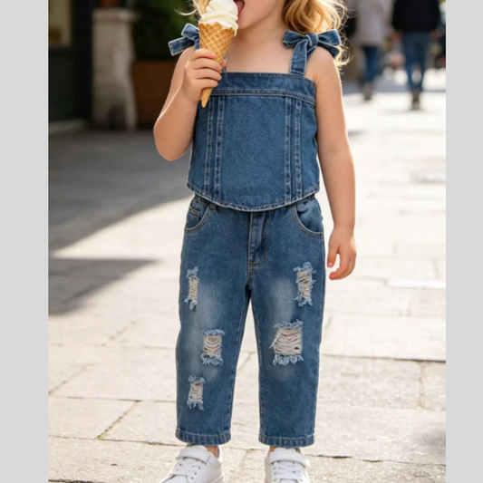 Children's Tie Shoulder Tank and Distressed Jeans Set