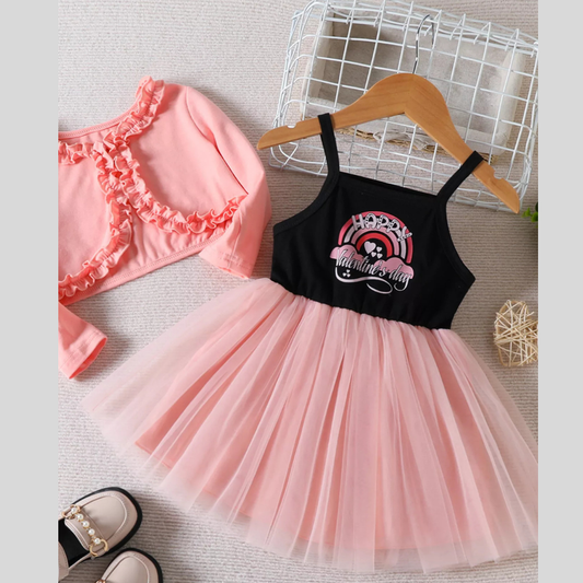 Children's Frill Cardigan and Rainbow Print Tulle Dress Set