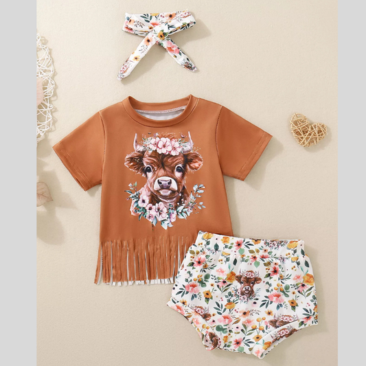 Children's Cow Floral Graphic Fringe Tee and Shorts Set with Headband