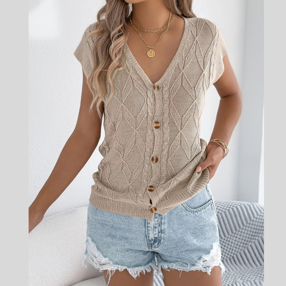 Texture Knit Button Up Cap Sleeve Cardigan